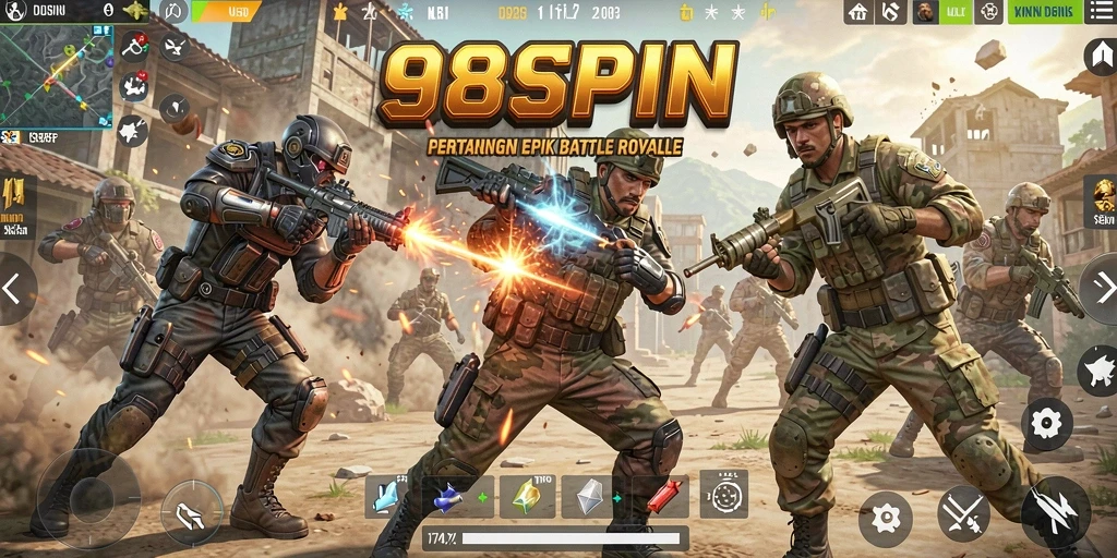 Tampilan aksi seru dalam gameplay Battle Royale di 98SPIN.