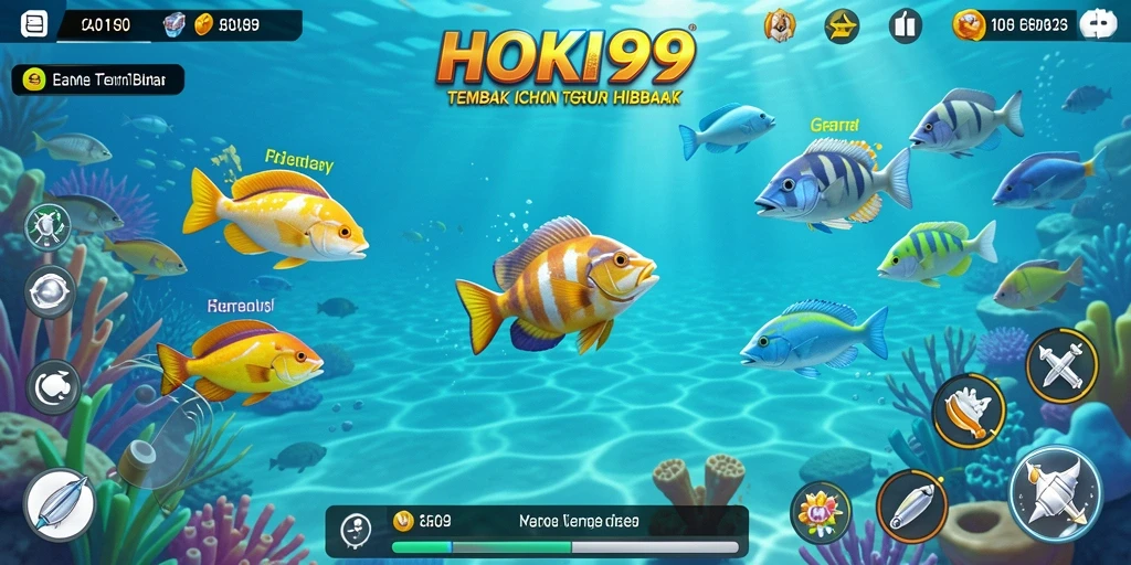 Screenshot menunjukkan pemain menangkap ikan berwarna cerah dalam HOKI99.