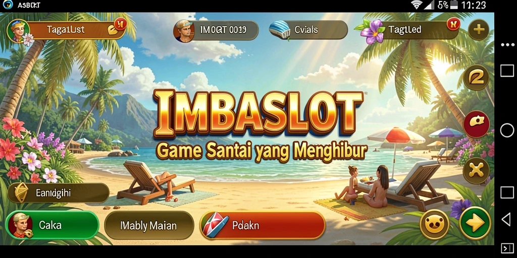 Tampilan gameplay seru dari IMBASLOT dengan tema slot berwarna-warni.