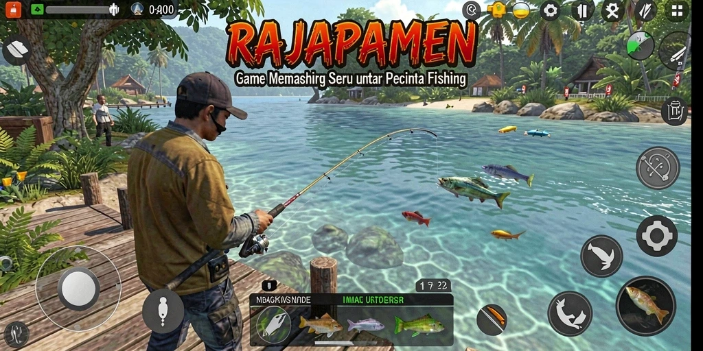 Tampilan gameplay RAJAPAMEN yang seru saat memancing di laut.
