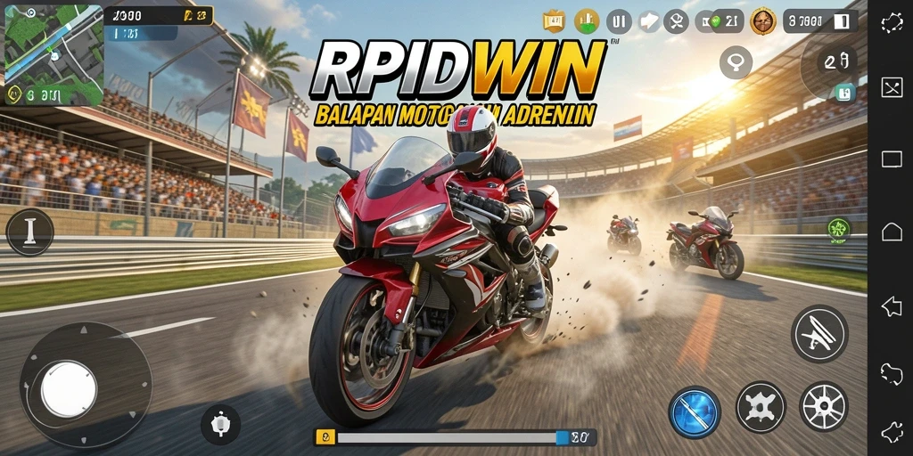 Tampilan gameplay RPIDWIN dengan kendaraan motor balap yang mendebarkan.